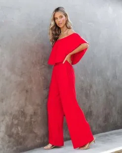 Antonella Off The Shoulder Pocketed Jumpsuit - Red - SALE -clothes Sales antonellaofftheshoulderpocketedjumpsuitred 60
