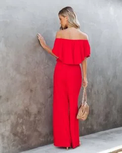 Antonella Off The Shoulder Pocketed Jumpsuit - Red - SALE -clothes Sales antonellaofftheshoulderpocketedjumpsuitred 71