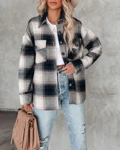 Audrina Cotton Plaid Button Down Shacket - Navy - FINAL SALE -clothes Sales audrinacottonplaidbuttondownshacketnavy21