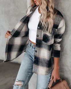 Audrina Cotton Plaid Button Down Shacket - Navy - FINAL SALE -clothes Sales audrinacottonplaidbuttondownshacketnavy23