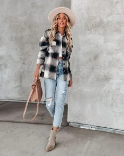 Audrina Cotton Plaid Button Down Shacket - Navy - FINAL SALE