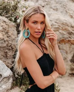 Bellflower Beaded Drop Hoop Earrings - Turquoise - LAST CHANCE -clothes Sales bellflowerbeadeddrophoopearringsturquoise19