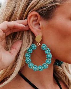 Bellflower Beaded Drop Hoop Earrings - Turquoise - LAST CHANCE