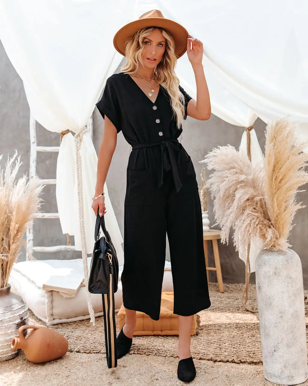 Brandy Linen Blend Pocketed Jumpsuit - Black - FINAL SALE 3 Brandy Linen Blend Pocketed Jumpsuit - Black - FINAL SALE - Image 3