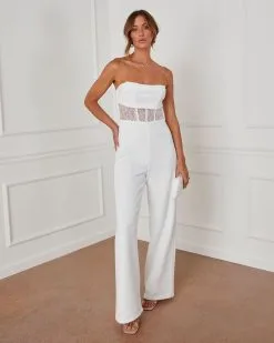 Center Of Attention Strapless Lace Jumpsuit - White