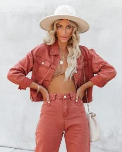 Cloverleaf Cropped Denim Jacket - Burnt Orange - FINAL SALE -clothes Sales cloverleafcroppeddenimjacketandhighrisefrayeddenim74