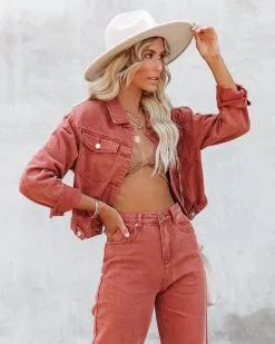 Cloverleaf Cropped Denim Jacket - Burnt Orange - FINAL SALE