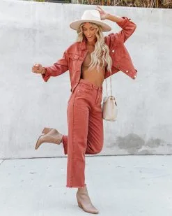 Cloverleaf Cropped Denim Jacket - Burnt Orange - FINAL SALE -clothes Sales cloverleafcroppeddenimjacketandhighrisefrayeddenim84