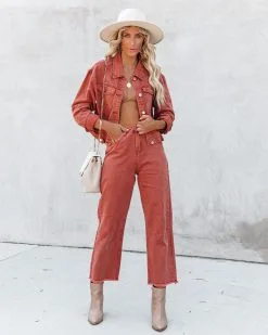 Cloverleaf Cropped Denim Jacket - Burnt Orange - FINAL SALE -clothes Sales cloverleafcroppeddenimjacketandhighrisefrayeddenim9