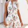 Darlani Linen Blend Floral Halter Romper - Beige Multi