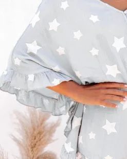 Beyond The Sea Embroidered Star Kimono Romper - Grey - FINAL SALE -clothes Sales donovancottonblendfrayedhenleytop332