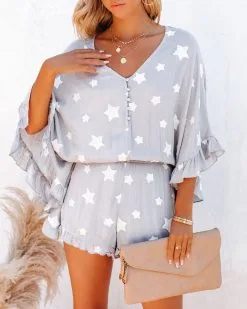 Beyond The Sea Embroidered Star Kimono Romper - Grey - FINAL SALE -clothes Sales donovancottonblendfrayedhenleytop343