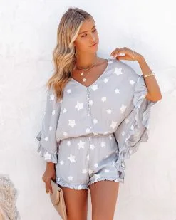Beyond The Sea Embroidered Star Kimono Romper - Grey - FINAL SALE -clothes Sales donovancottonblendfrayedhenleytop372