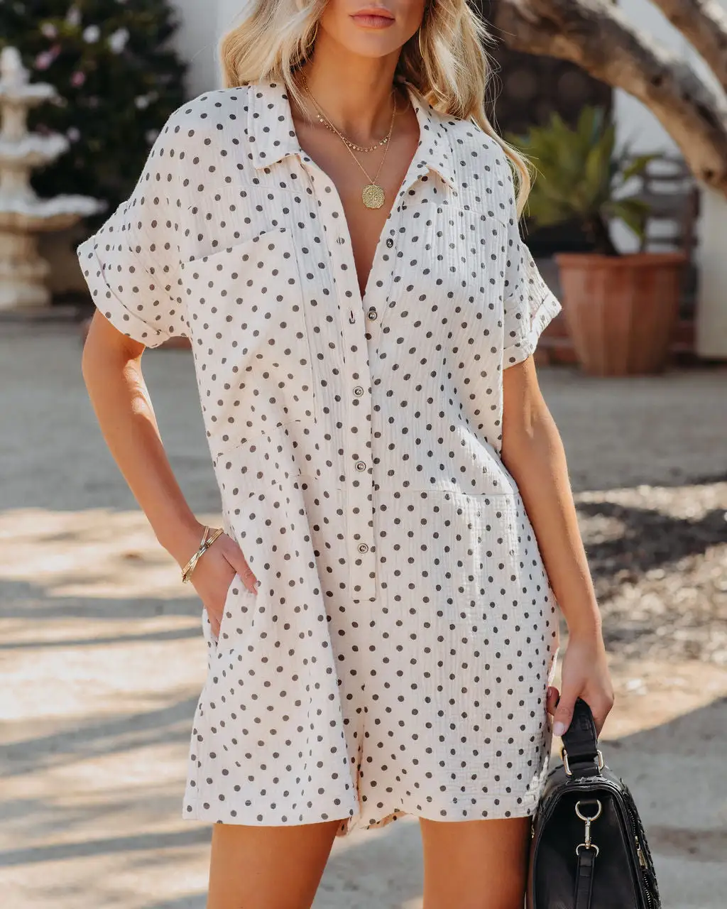 Eviana Cotton Pocketed Polka Dot Romper - Cream - FINAL SALE 3 Eviana Cotton Pocketed Polka Dot Romper - Cream - FINAL SALE - Image 3