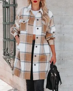 Fall Breeze And Autumn Leaves Plaid Long Line Shacket - FINAL SALE -clothes Sales fallbreezeandautumnleavesplaidlonglineshacket103