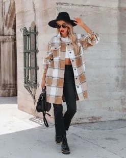 Fall Breeze And Autumn Leaves Plaid Long Line Shacket - FINAL SALE -clothes Sales fallbreezeandautumnleavesplaidlonglineshacket79