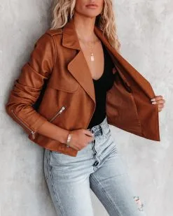 Fargo Pocketed Faux Leather Moto Jacket - Camel - FINAL SALE -clothes Sales fargopocketedfauxleathermotojacketcamel36
