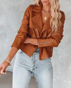 Fargo Pocketed Faux Leather Moto Jacket - Camel - FINAL SALE -clothes Sales fargopocketedfauxleathermotojacketcamel41