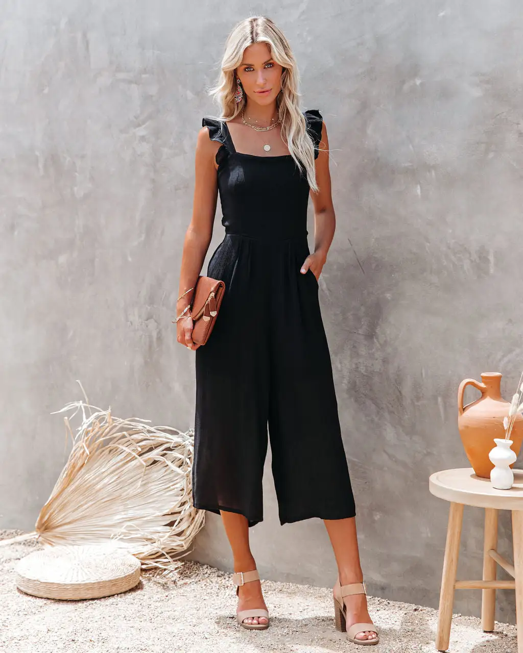 Fashion Faithful Pocketed Ruffle Tie Back Jumpsuit - Black - FINAL SALE 1 Fashion Faithful Pocketed Ruffle Tie Back Jumpsuit - Black - FINAL SALE