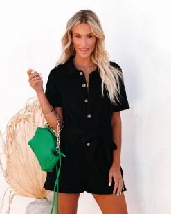 Favour Cotton Pocketed Button Down Romper - Black - FINAL SALE -clothes Sales favourcottonpocketedbuttondownromperblack80