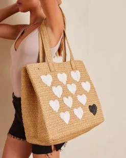 Francine Heart Straw Tote - Natural/White -clothes Sales francineheartstrawtotenaturalwhite23
