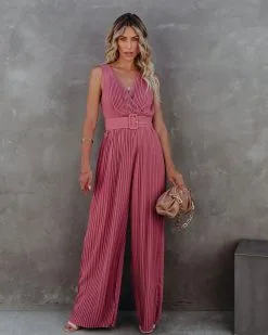 High Tea Pleated Wide Leg Belted Jumpsuit - Dark Rose - FINAL SALE