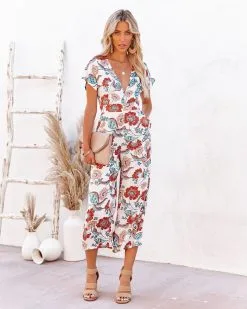 Hollow Floral Pocketed Tie Jumpsuit - FINAL SALE