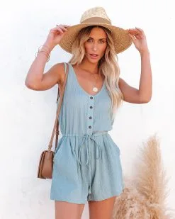 Irving Crinkled Cotton Pocketed Romper - Blue - LAST CHANCE