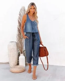 Jana Pocketed Tencel Drawstring Jumpsuit - Dark Wash - LAST CHANCE