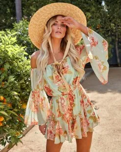 Judas Floral Off The Shoulder Bell Sleeve Romper - Sage - FINAL SALE