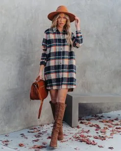 Kenyon Pocketed Plaid Button Down Shacket - Navy - FINAL SALE