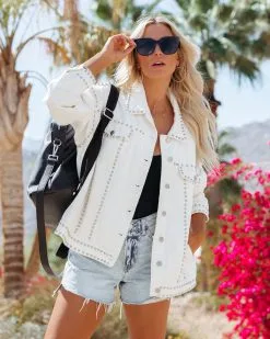 Kind Of A Big Deal Pocketed Studded Denim Jacket - White - FINAL SALE -clothes Sales kindofabigdealpocketedstuddeddenimjacketwhite90