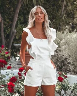 La Sangria Pocketed Denim Romper - White - FINAL SALE