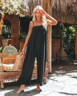 Live With Sunshine Linen Blend Pocketed Jumpsuit - Black - SALE