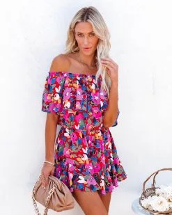 Lucinda Off The Shoulder Ruffle Romper - Red Multi - FINAL SALE