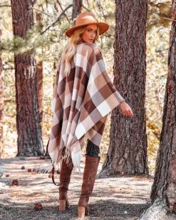 Madison Checkered Fringe Poncho - Brown - FINAL SALE -clothes Sales madisoncheckeredfringeponchobrown55