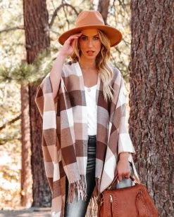 Madison Checkered Fringe Poncho - Brown - FINAL SALE -clothes Sales madisoncheckeredfringeponchobrown66