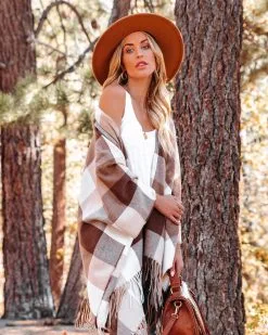 Madison Checkered Fringe Poncho - Brown - FINAL SALE -clothes Sales madisoncheckeredfringeponchobrown74