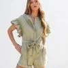 Marianne Ruffle Pocketed Romper - Olive - SALE