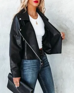 Marquette Pocketed Faux Leather Moto Jacket - Black - FINAL SALE -clothes Sales marquettepocketedfauxleathermotojacketblack24