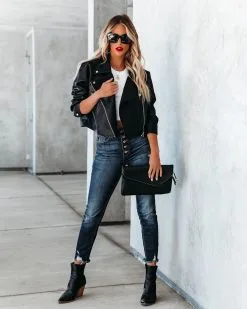 Marquette Pocketed Faux Leather Moto Jacket - Black - FINAL SALE