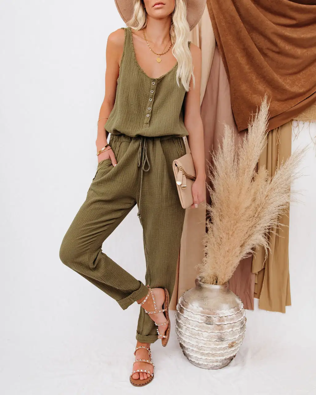 Maye Cotton Pocketed Drawstring Jumpsuit - Olive - FINAL SALE 7 Maye Cotton Pocketed Drawstring Jumpsuit - Olive - FINAL SALE - Image 7