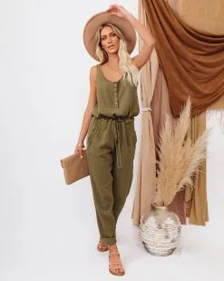 Maye Cotton Pocketed Drawstring Jumpsuit - Olive - FINAL SALE 12 Maye Cotton Pocketed Drawstring Jumpsuit - Olive - FINAL SALE -clothes Sales mayecottonpocketeddrawstringjumpsuitolive22