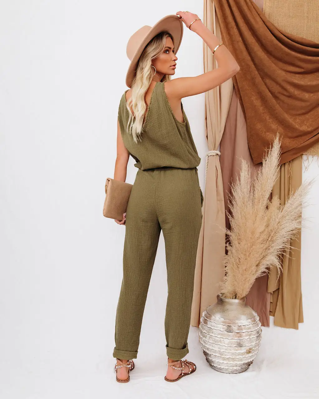 Maye Cotton Pocketed Drawstring Jumpsuit - Olive - FINAL SALE 2 Maye Cotton Pocketed Drawstring Jumpsuit - Olive - FINAL SALE - Image 2