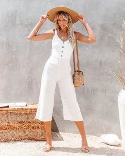 Meadow Linen Blend Tie Back Jumpsuit - Off White - LAST CHANCE