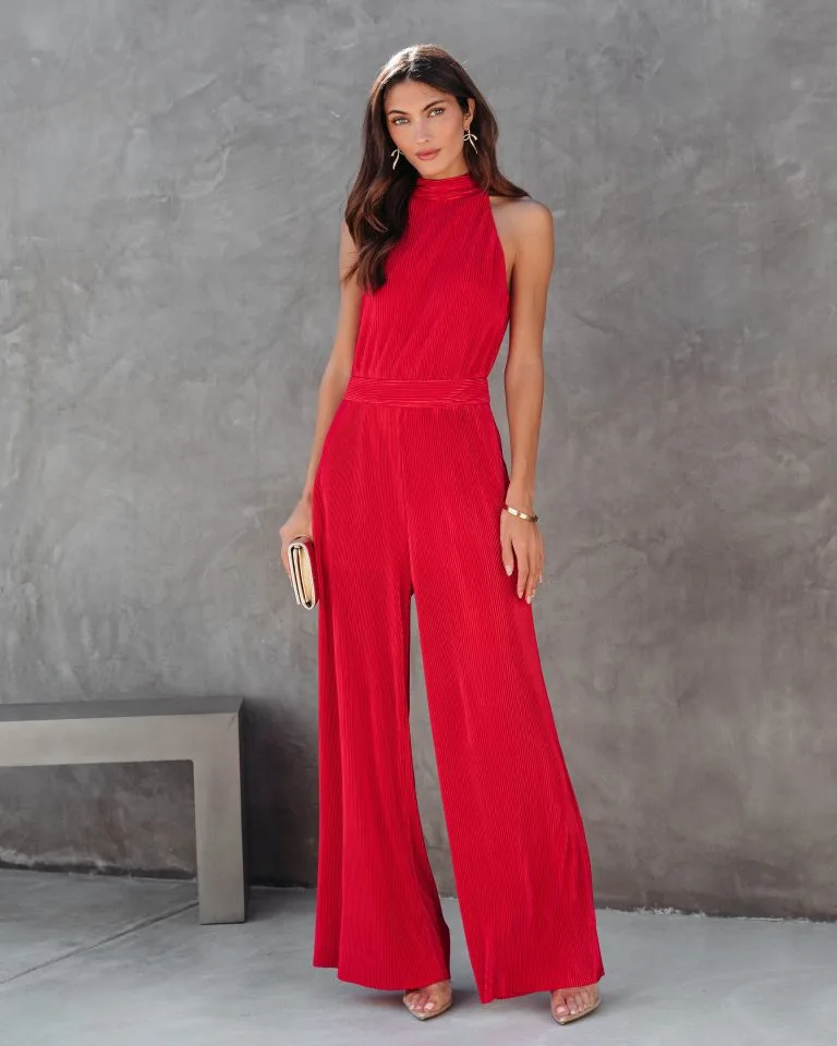 Naya Pocketed Plisse Jumpsuit - Red - FINAL SALE 1 Naya Pocketed Plisse Jumpsuit - Red - FINAL SALE