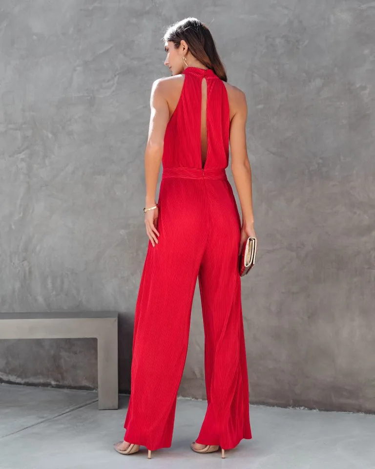 Naya Pocketed Plisse Jumpsuit - Red - FINAL SALE 3 Naya Pocketed Plisse Jumpsuit - Red - FINAL SALE - Image 3