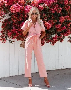 Dumbo Cotton Pocketed Denim Jumpsuit - Coral - FINAL SALE