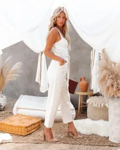 Park Slope Pocketed Denim Jumpsuit - Cream -clothes Sales parkslopepocketeddenimjumpsuitcream11