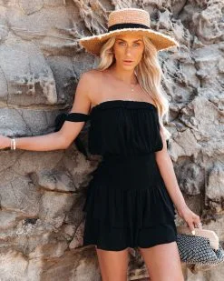 Passionflower Smocked Off The Shoulder Romper - Black - FINAL SALE